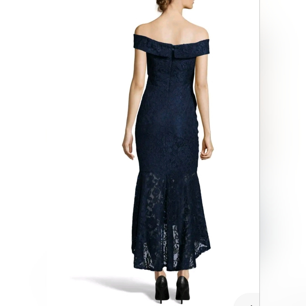 Xscape Off-the-Shoulder High Low Floral Flouce Lace Dress- Navy Blue - Picture 10 of 12